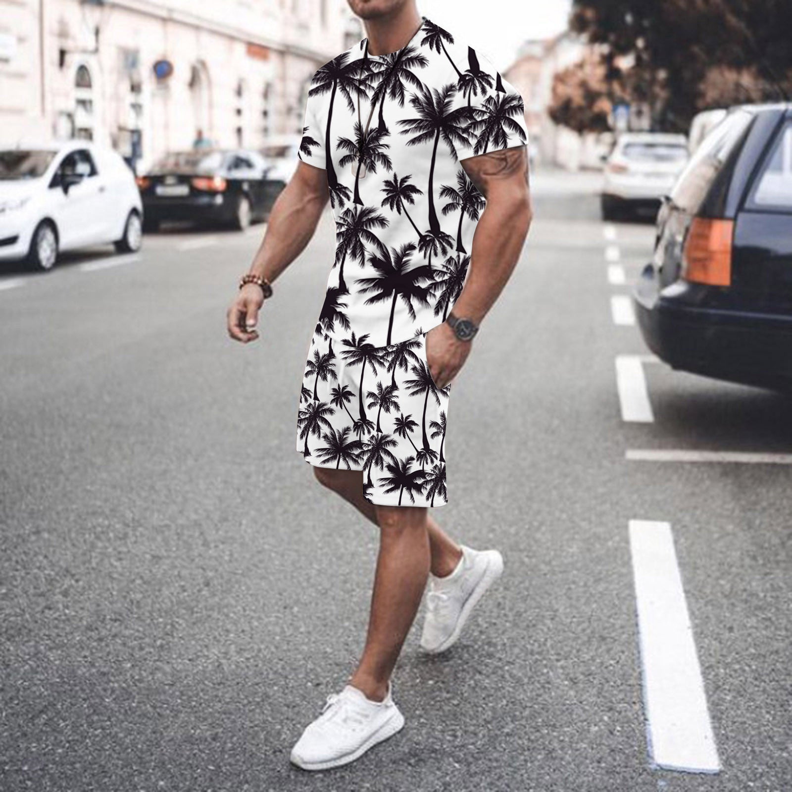 Fashion Trend Men's Short Sleeve Suit Striped Print Plus Size